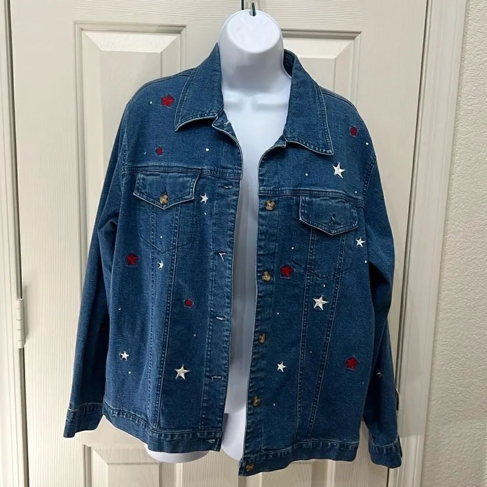 The Quackery Factory Medium Blue Denim Jacket Red White Stars Diamond Studded
